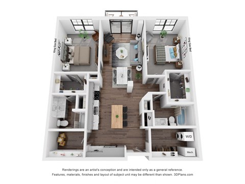 Floor plan for 2 beds, 2 baths, 1243 sqft